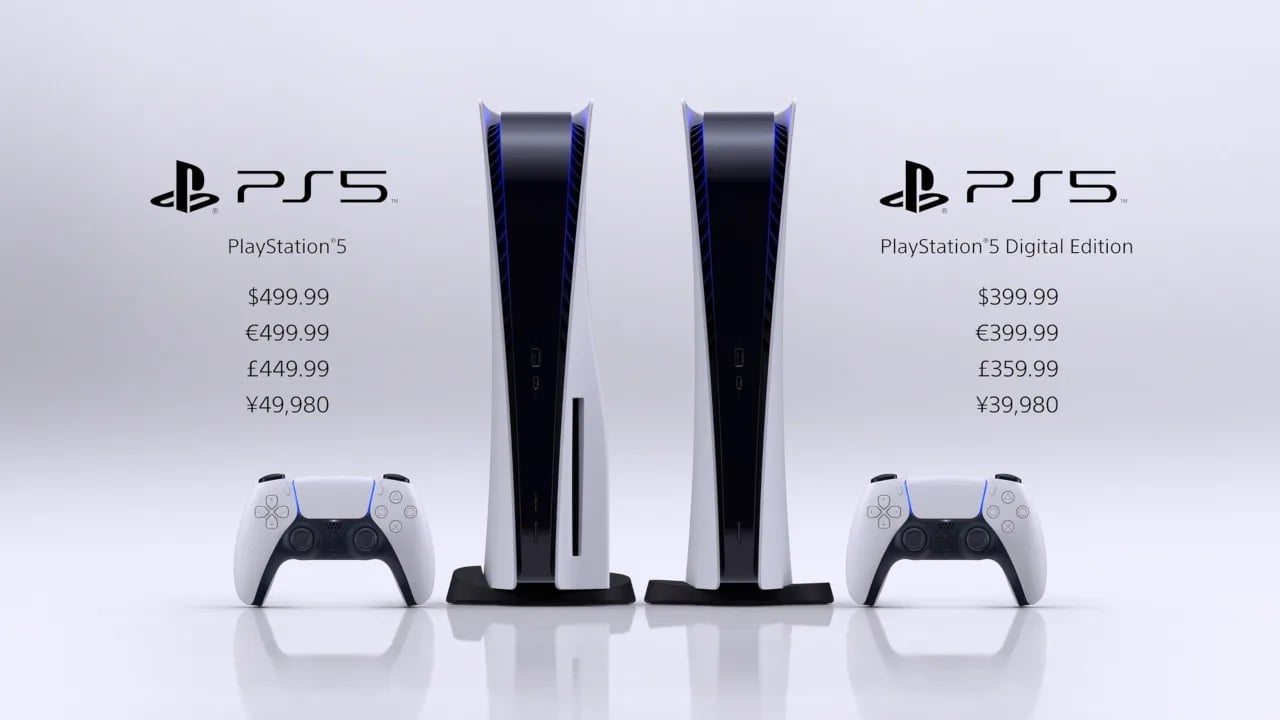 A photo of the two PS5 consoles, showing launch prices in various world currencies.