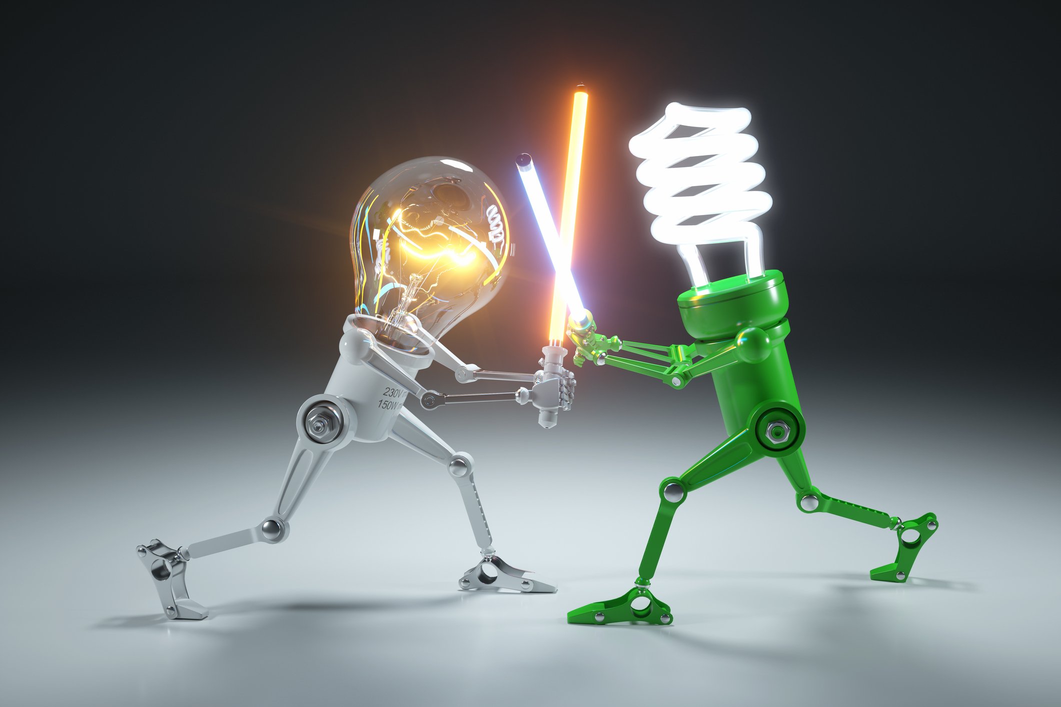 Two lightbulbs in a lghtsaber battle
