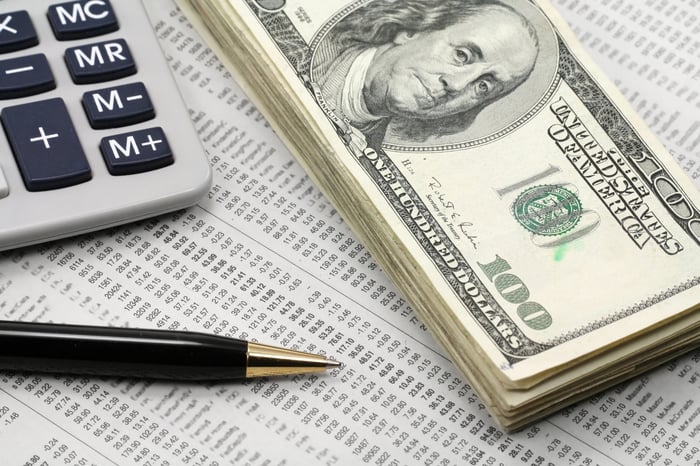 A neat stack of one hundred dollar bills, along with a calculator and pen, lying atop a financial newspaper. 