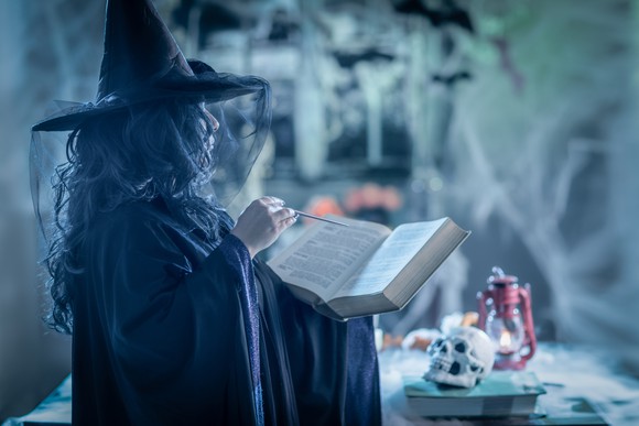 Person wearing pointed witch's hat holding book, with skull and other creepy things nearby.