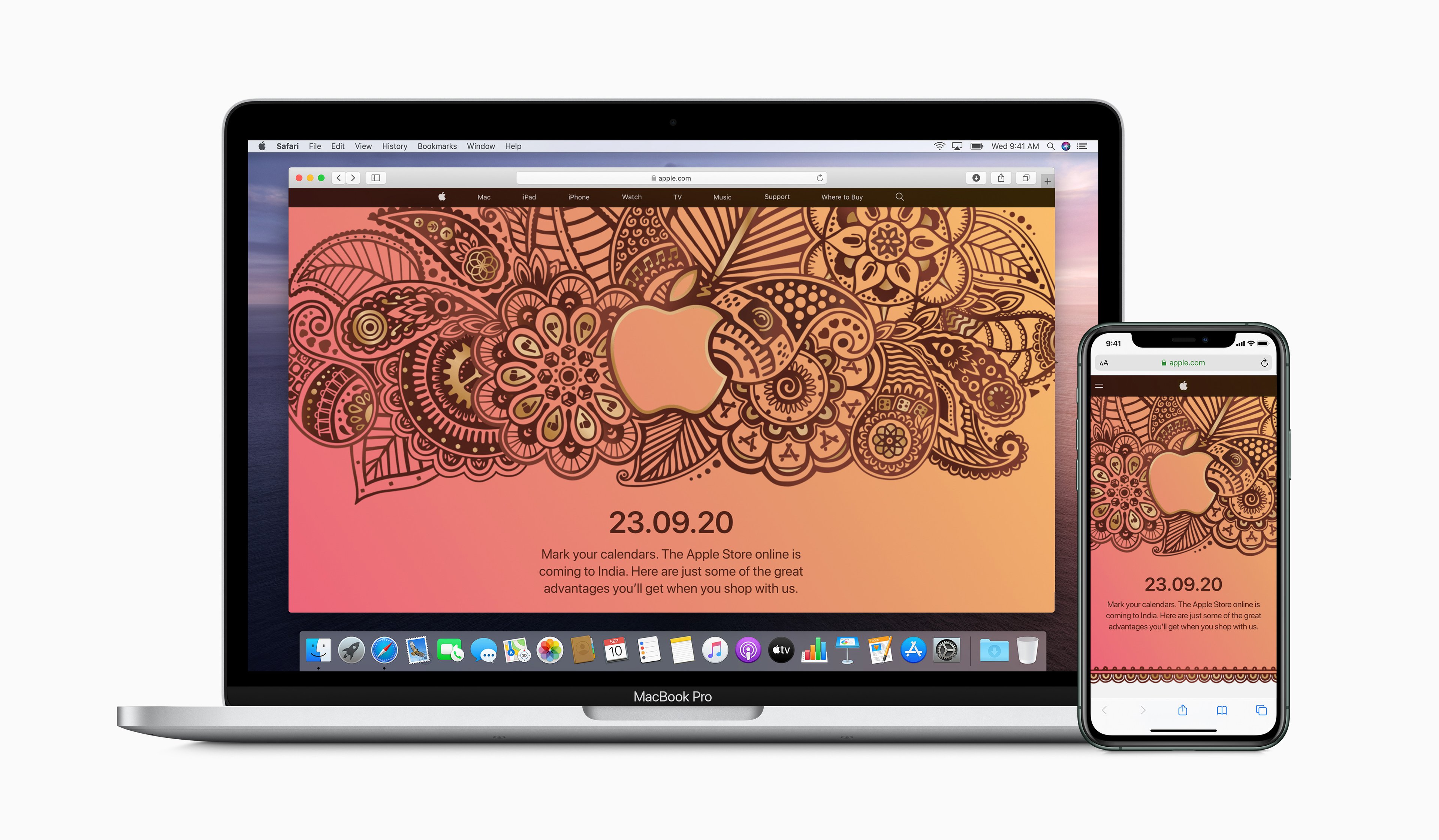 MacBook Pro and iPhone displaying the launch date for online sales in India