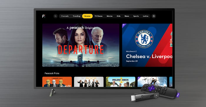 Peacock homescreen displayed on a Roku device.