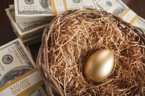 Golden egg sitting in a nest, next to hundred dollar bills banded in stacks