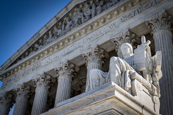 A view of the front of the building housing the Supreme Court.