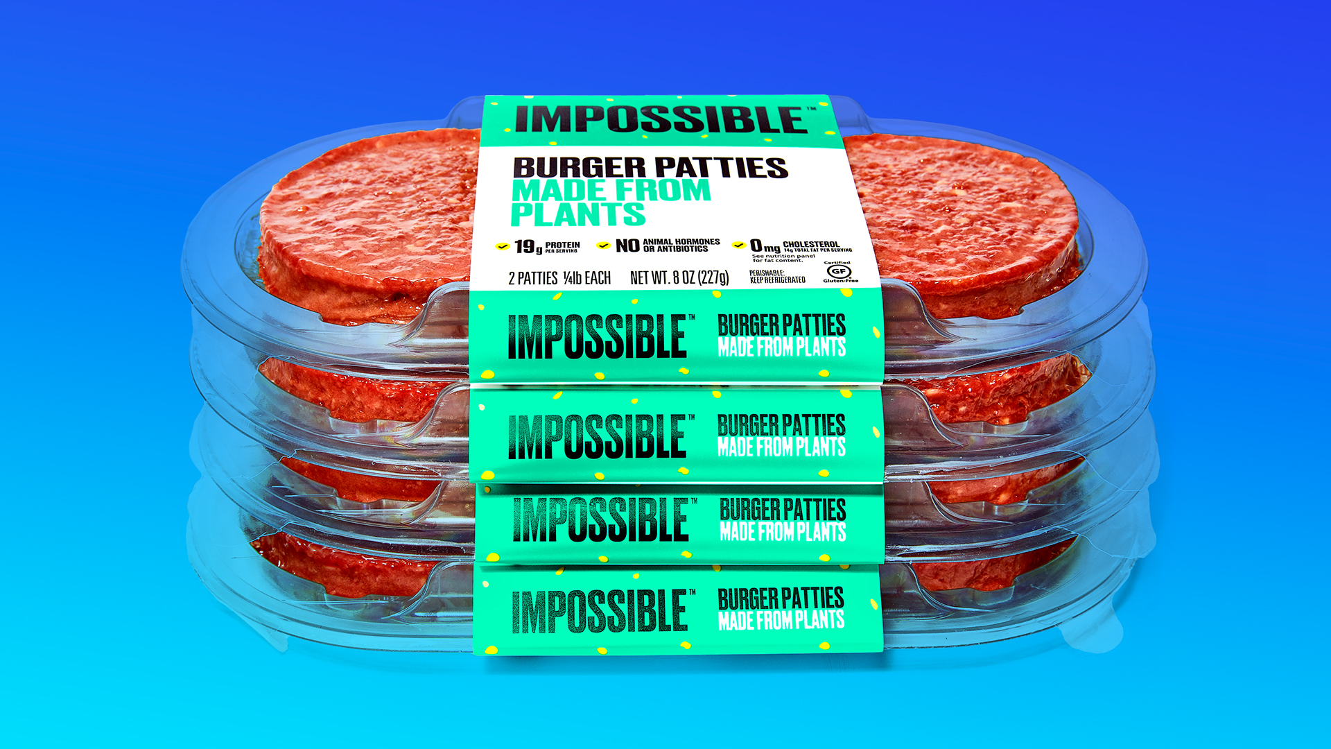 A stack of Impossible Burger patties on a blue background.