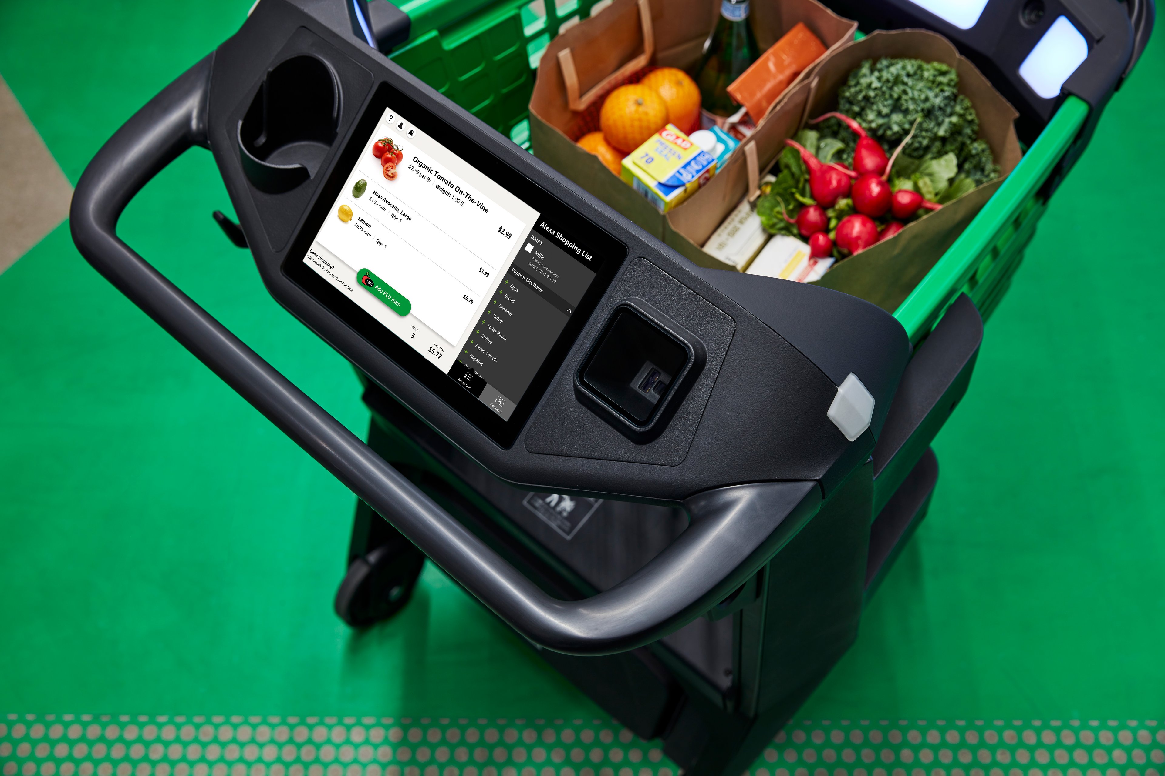 Closeup of a Dash cart filled with groceries. 