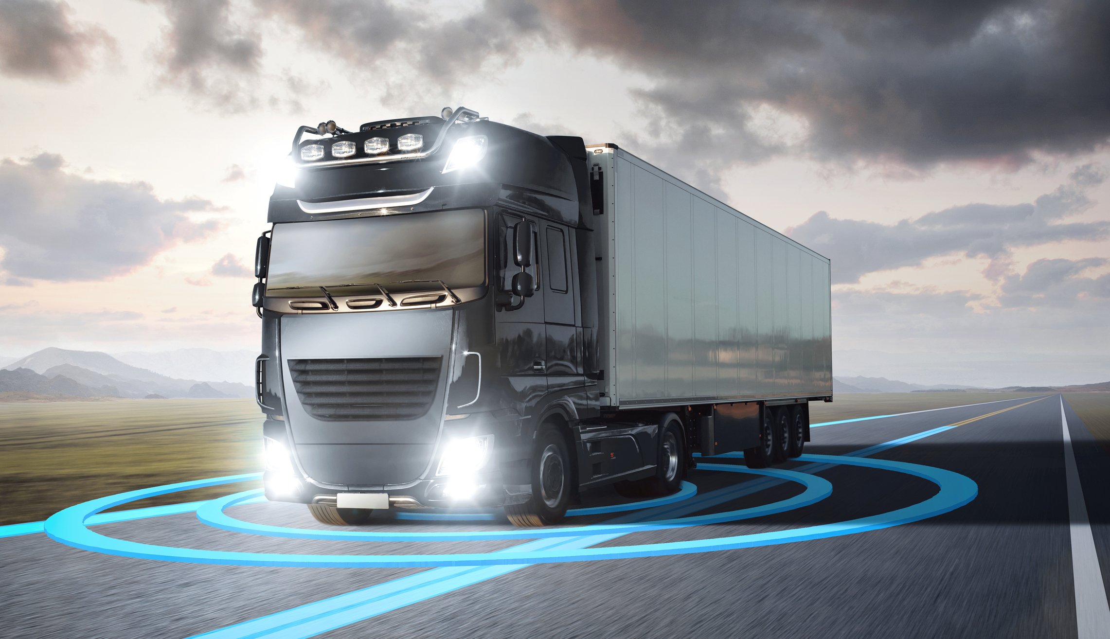 self-driving semi truck image with images from sensors surrounding it