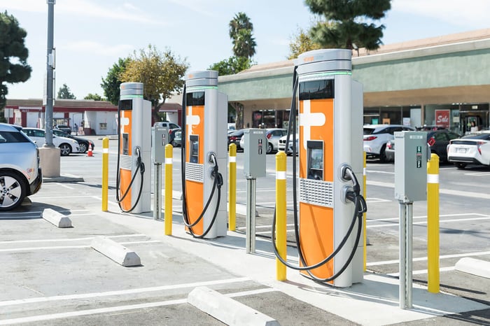 A row of ChargePoint electric-vehicle chargers. 