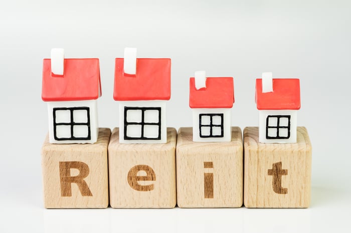 REIT spelled out in wooden blocks with miniature houses on top of each block.