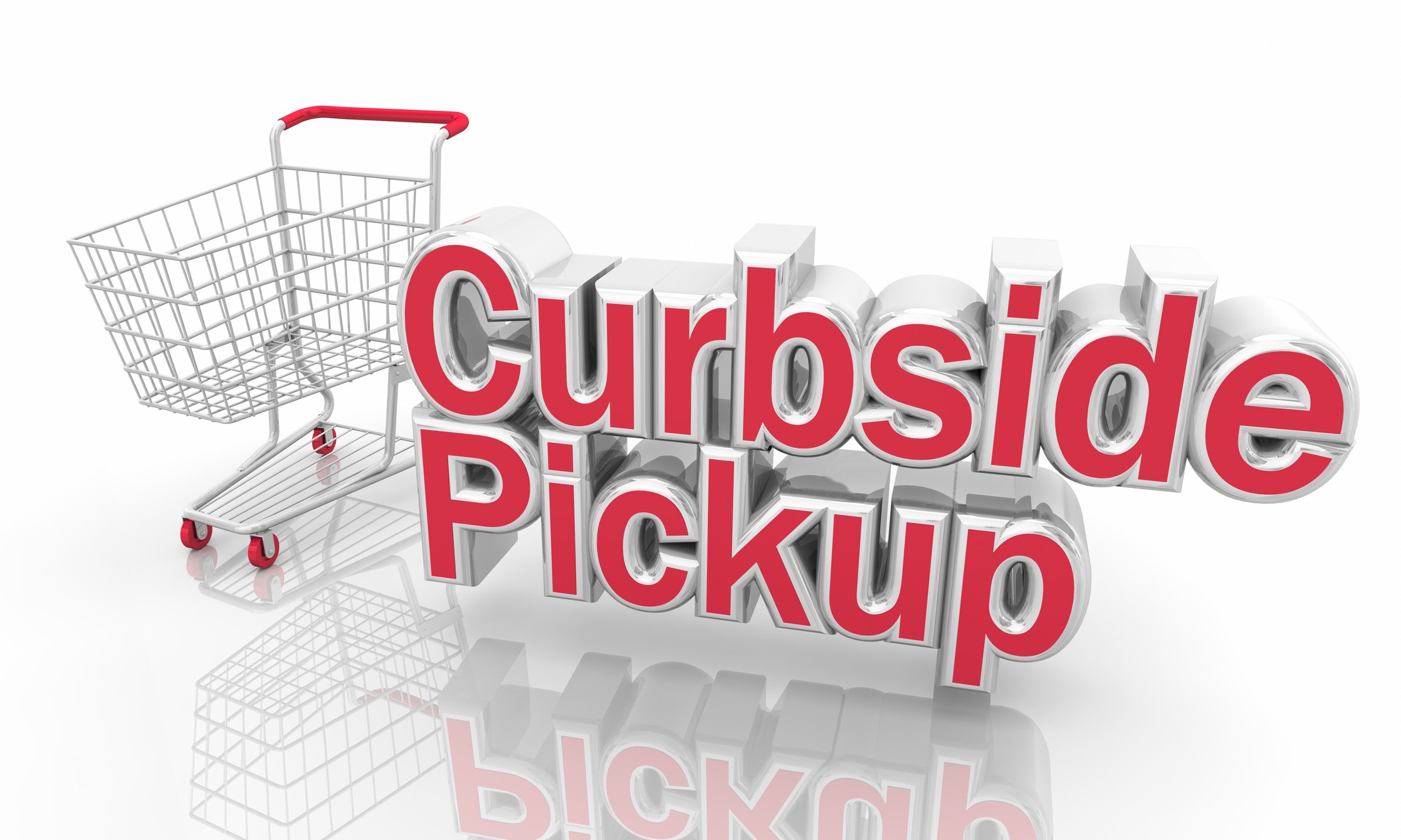 Curbside pickup concept art with a red-handled shopping cart.