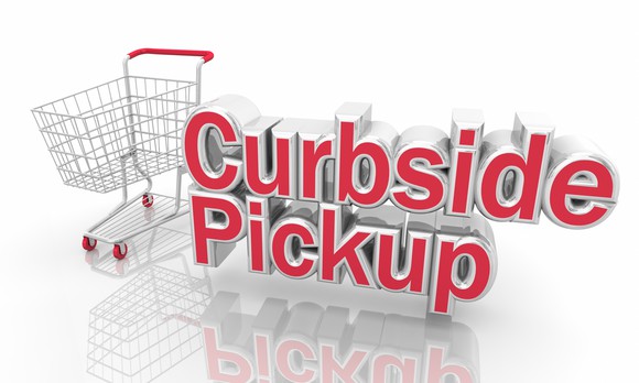 Curbside pickup concept art with a red-handled shopping cart.