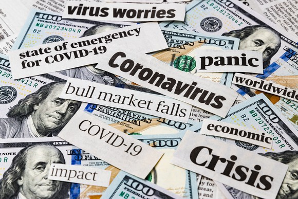 Labels of coronavirus induced market fears spread across hundred dollar bills. 