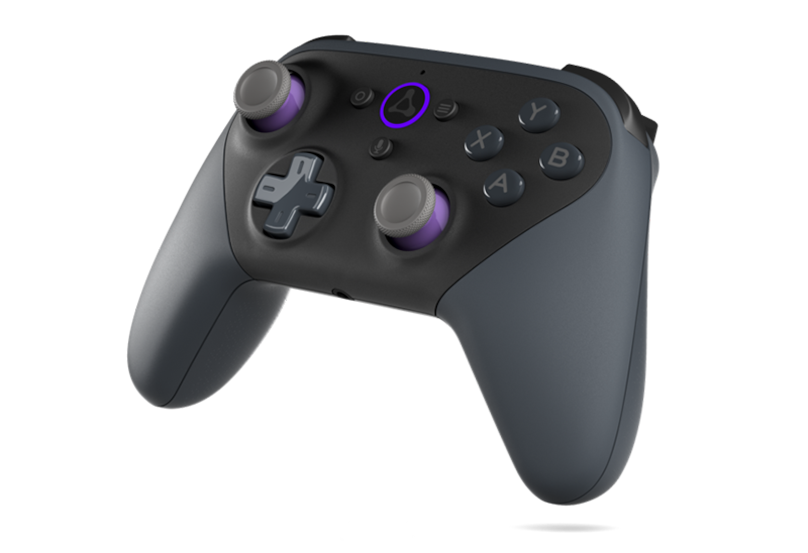 Photo of the Amazon Luna controller, including a triangular logo and  purple lights.