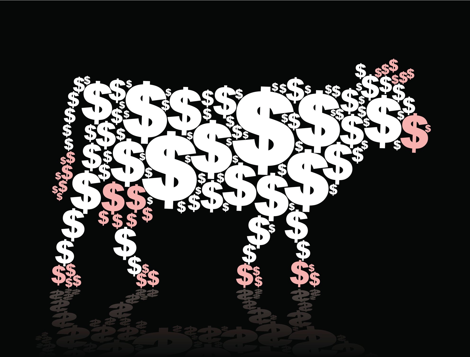 A cow in profile made up of white and pink dollar signs. 