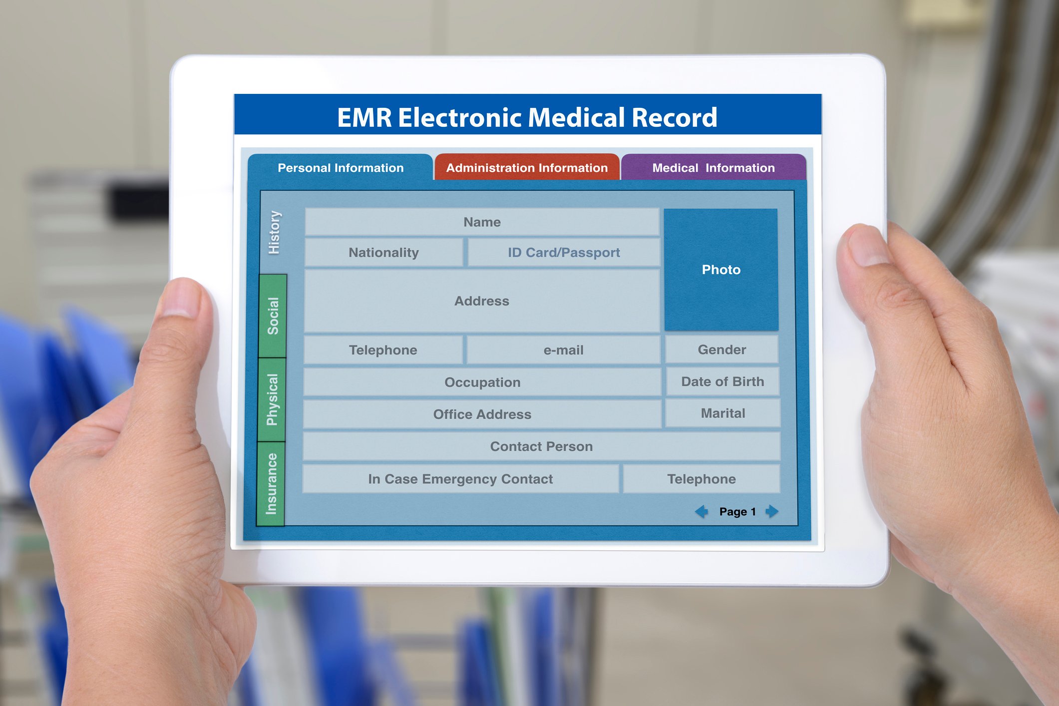 an electronic medical record on a tablet held by two hands