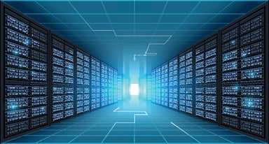 A server room with a light shining through a door.