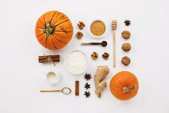 A top-down view of all the ingredients laid out for pumpkin spice.
