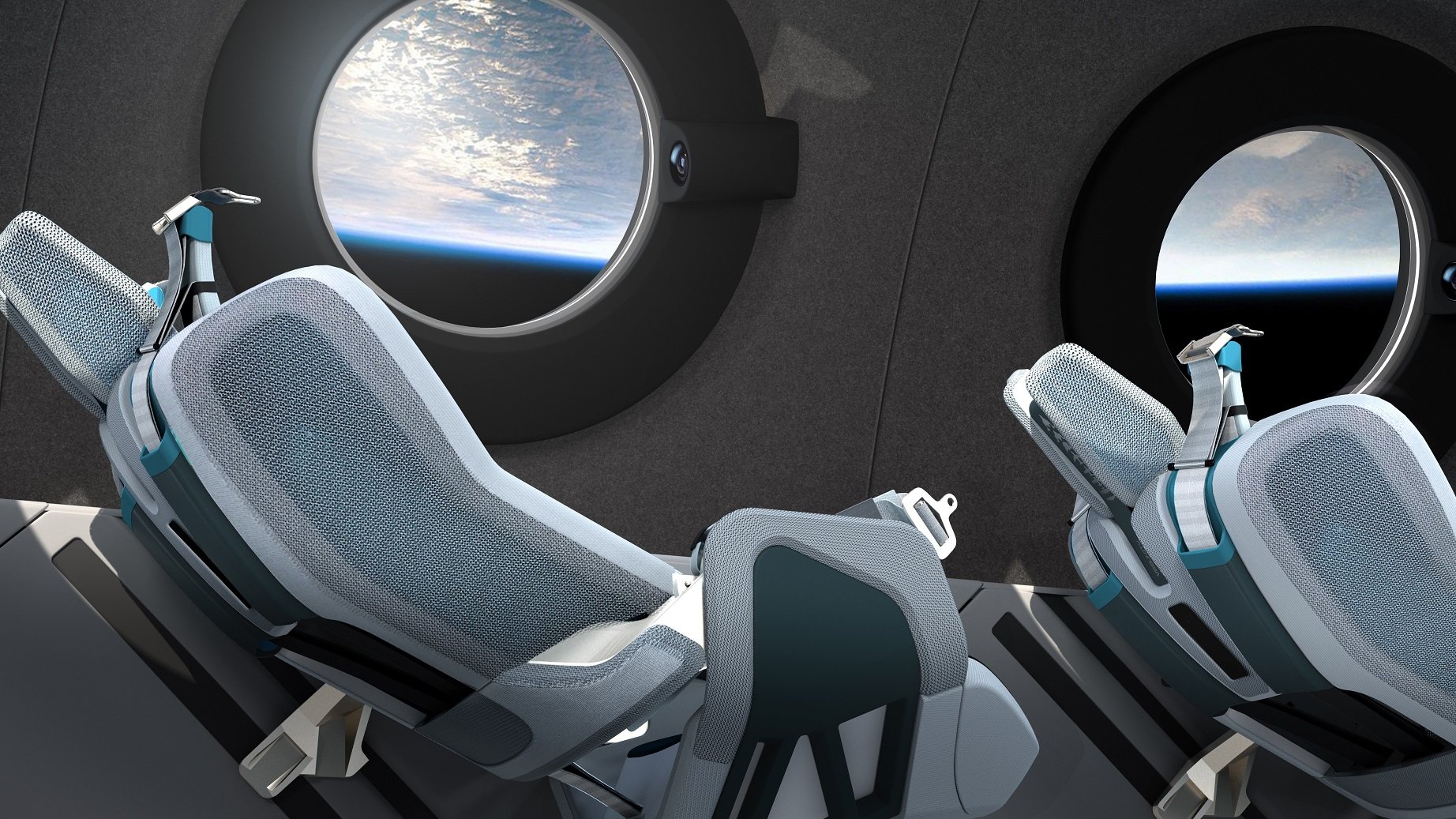 Reclining seats with portholes showing Earth from orbit.