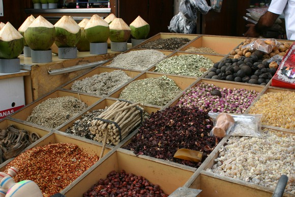 Selection of spices in square bins.