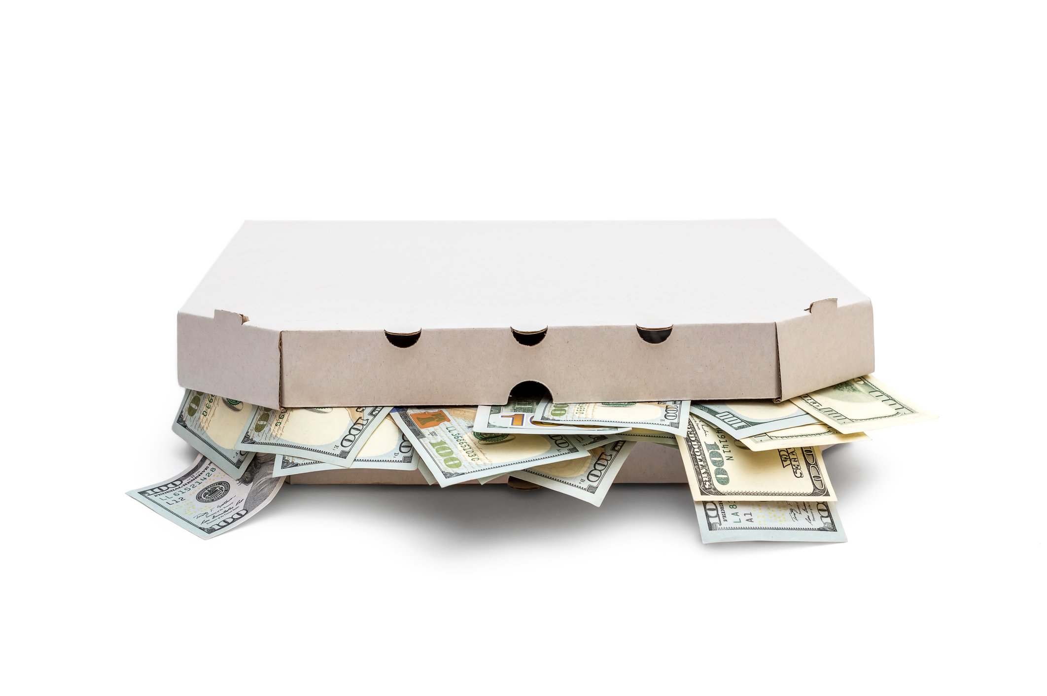 A pizza box is stuffed with money.
