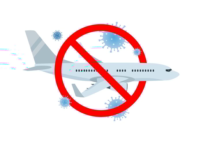 drawing of airplane with cancellation symbol and germs indicating cancelled planes due to pandemic