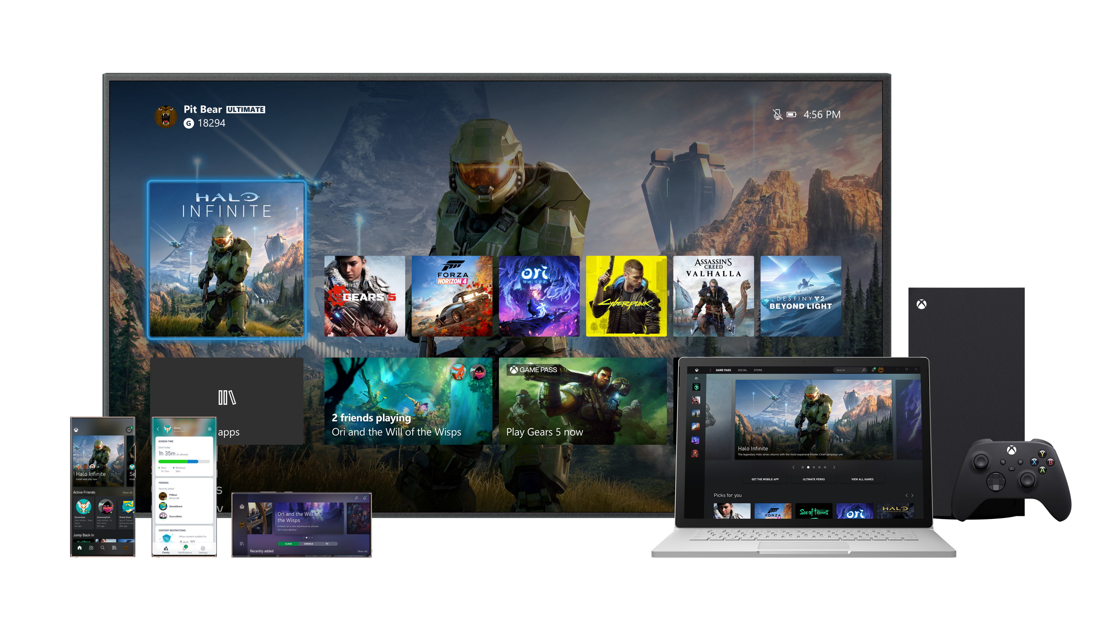 Microsoft Xbox Game Pass demonstration picture. Shows Xbox games playable on Xbox Series X, laptop, television and mobile.