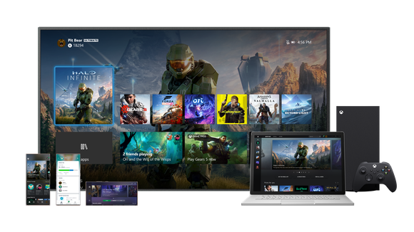 Microsoft Xbox Game Pass demonstration picture. Shows Xbox games playable on Xbox Series X, laptop, television and mobile.