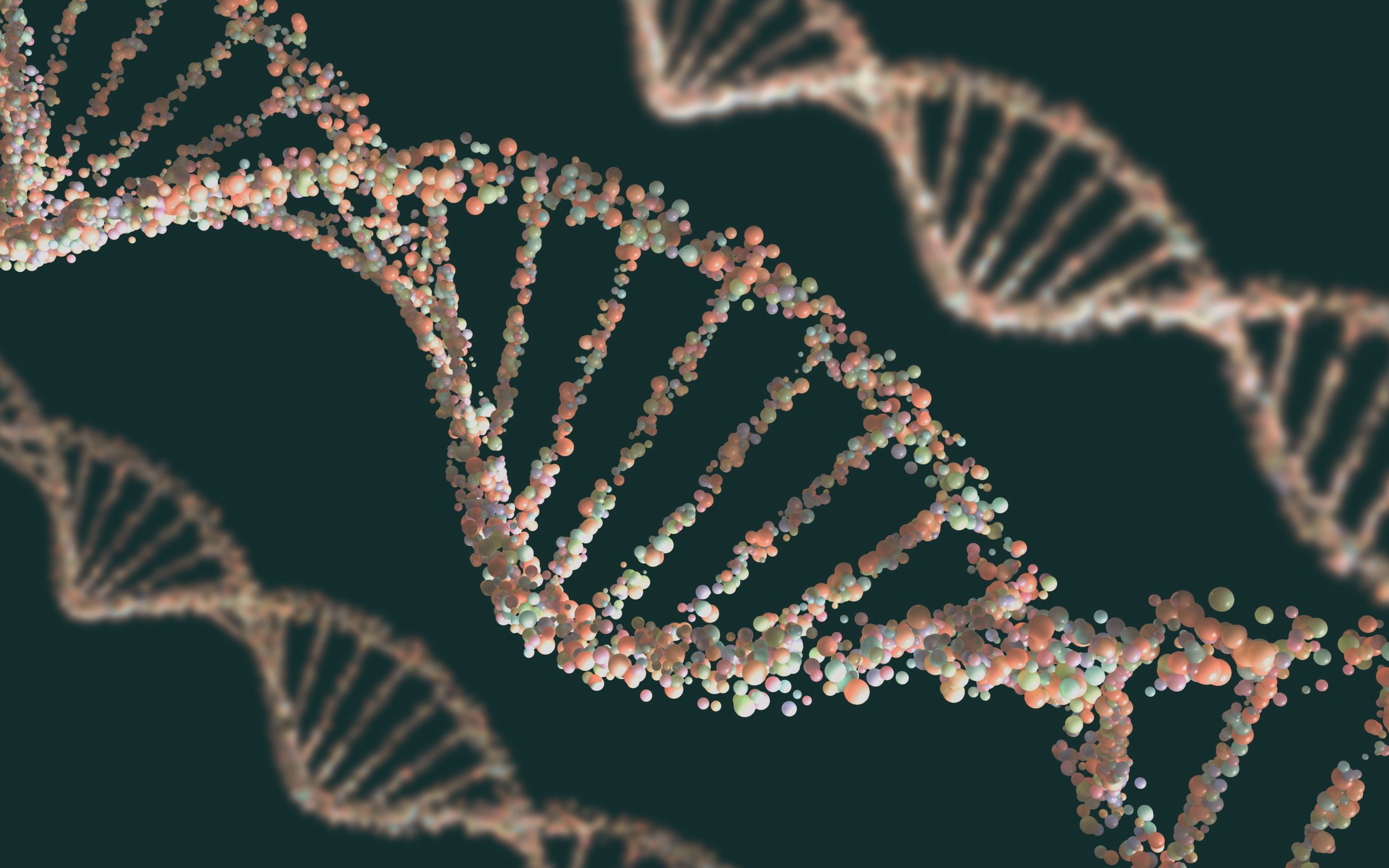 Three strands of a DNA double-helix made up of small multicolored molecules