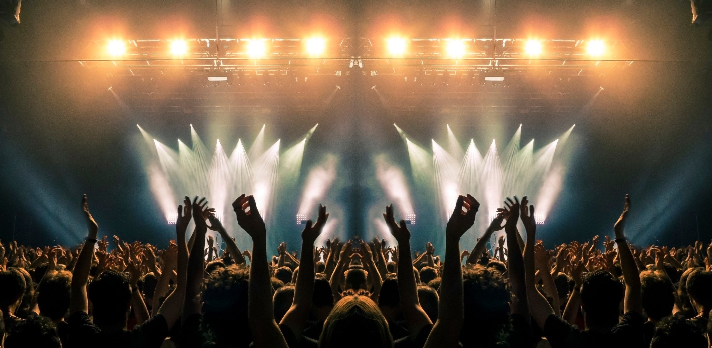 Enthusiastic fans raising hands at a concert.