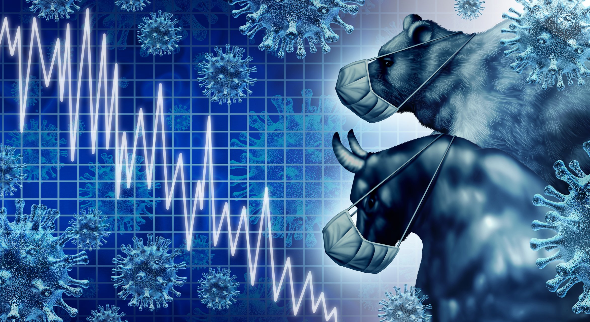 A bull and bear wearing masks and watching a stock chart go down.