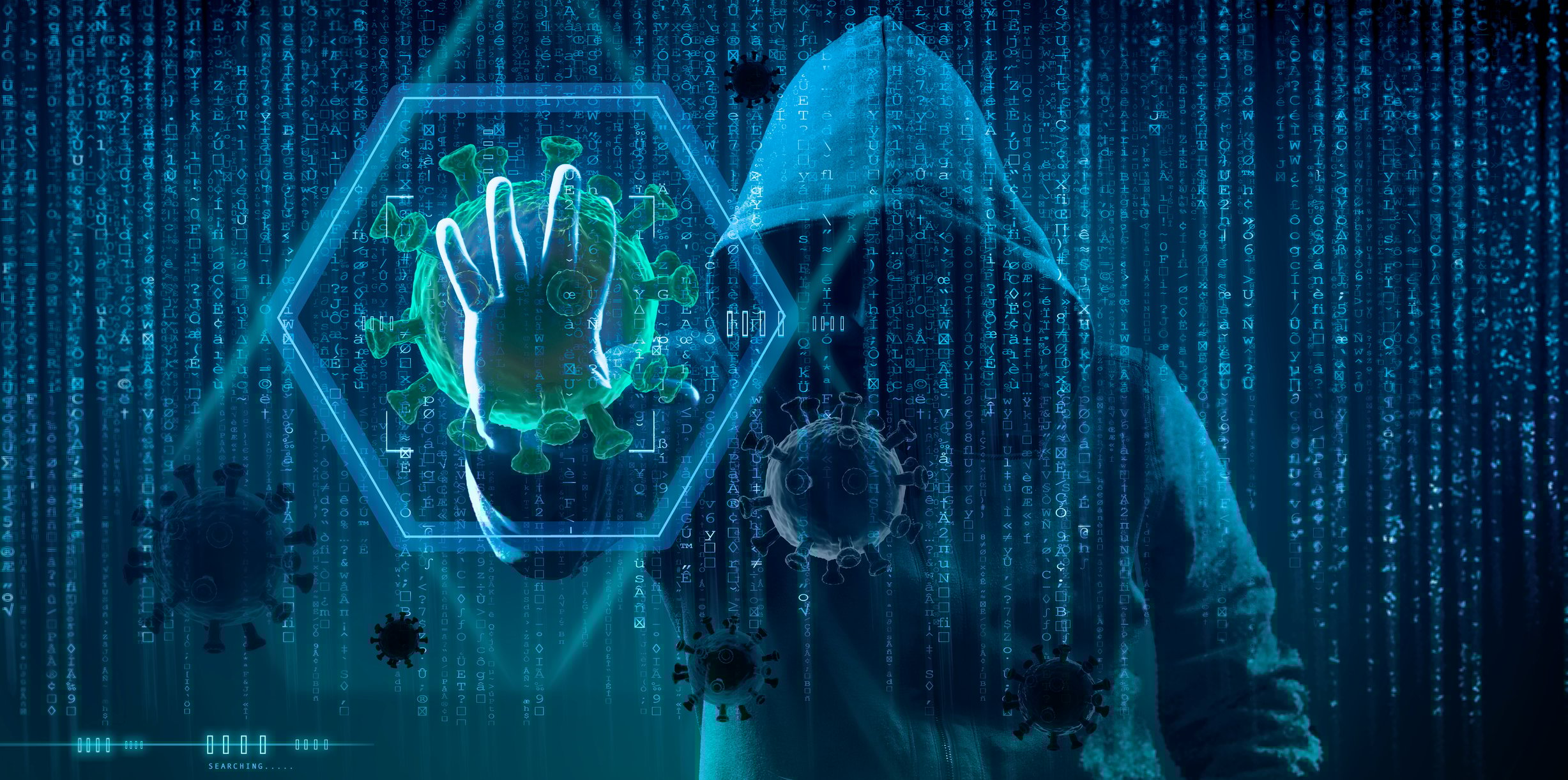 A hooded person holds out his hand illuminating a hologram sextagonal key. 