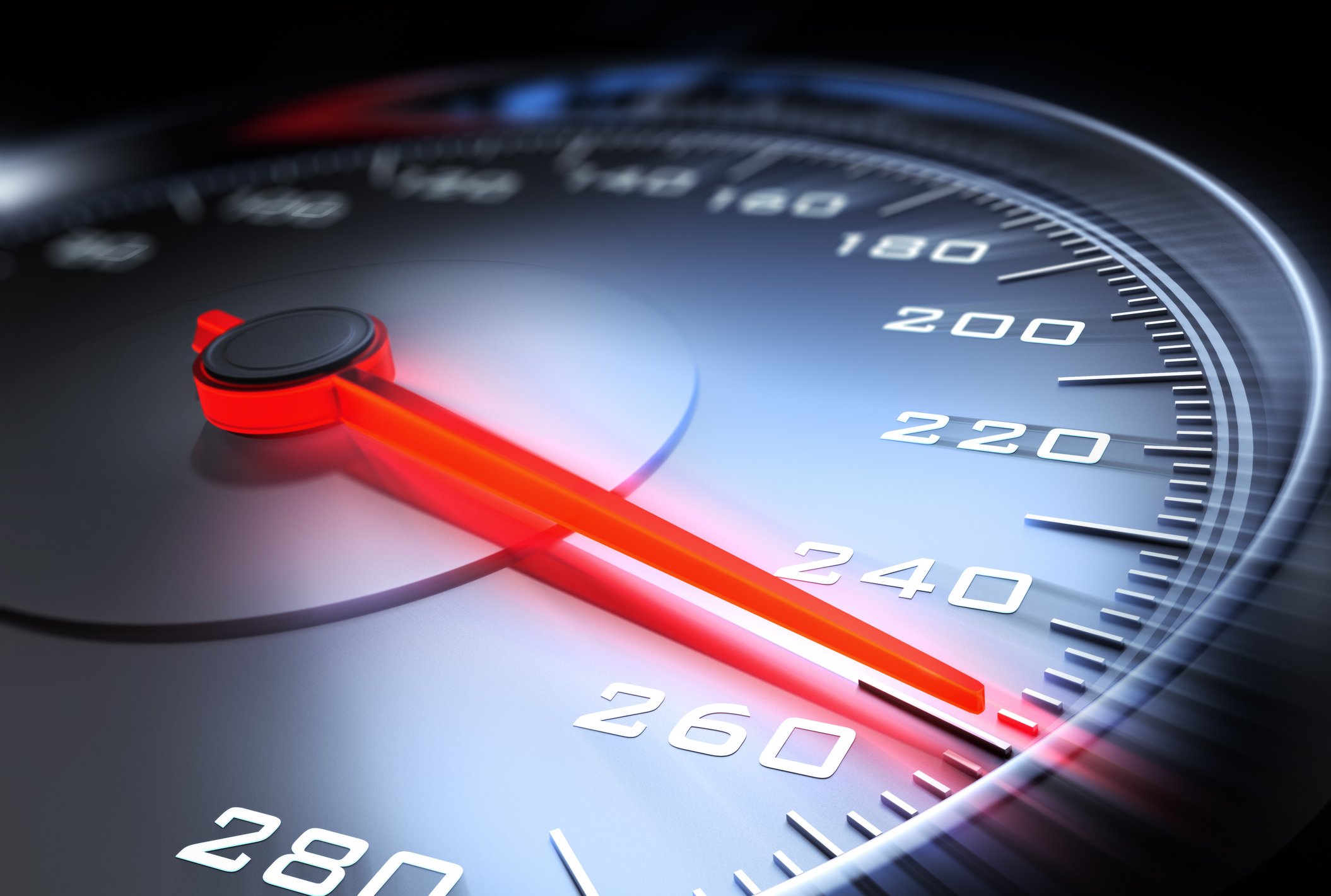 A car speedometer's needle points to 250.