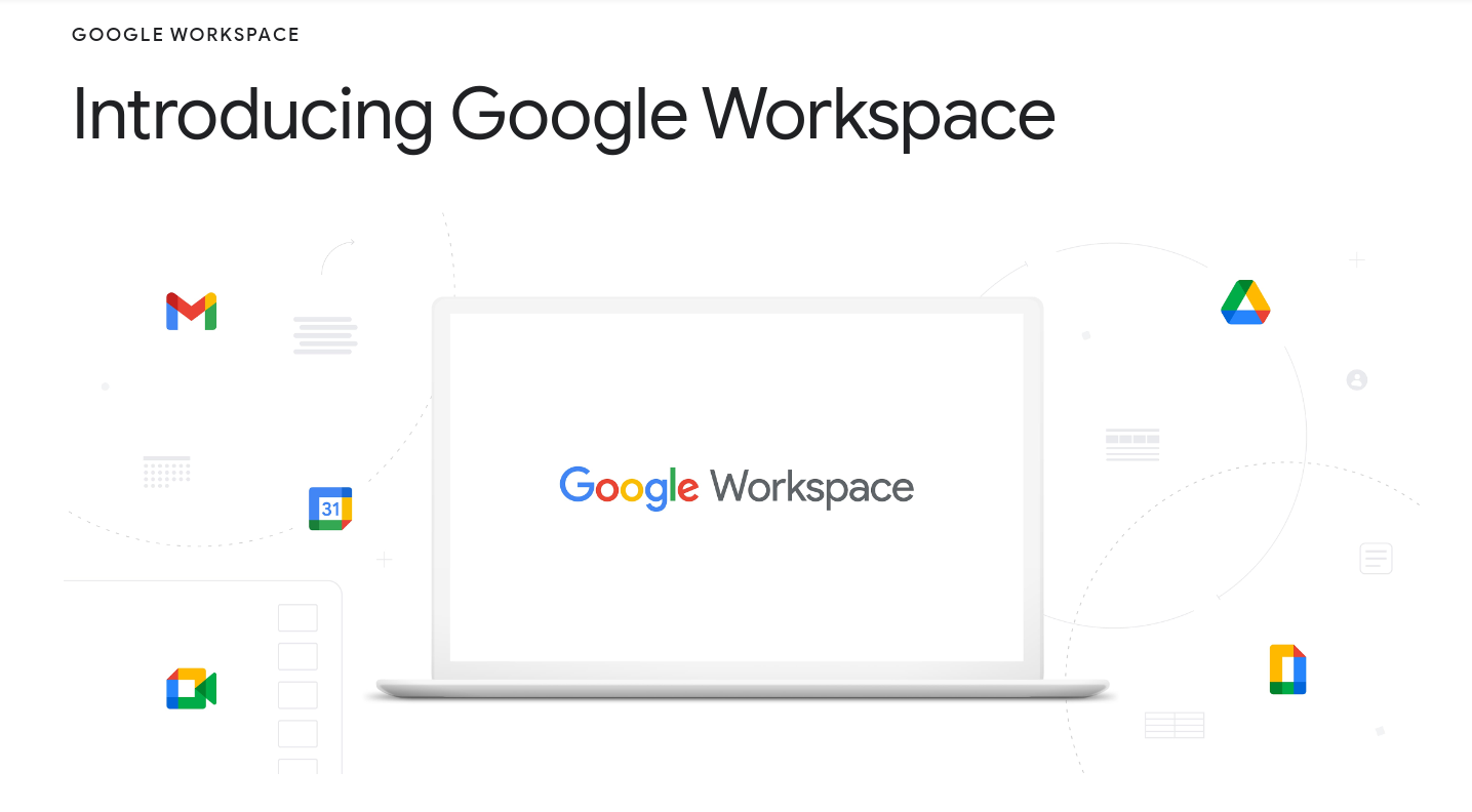 The Google Workspace logo in a rendered frame, surrounded by logotypes for some of the included apps.