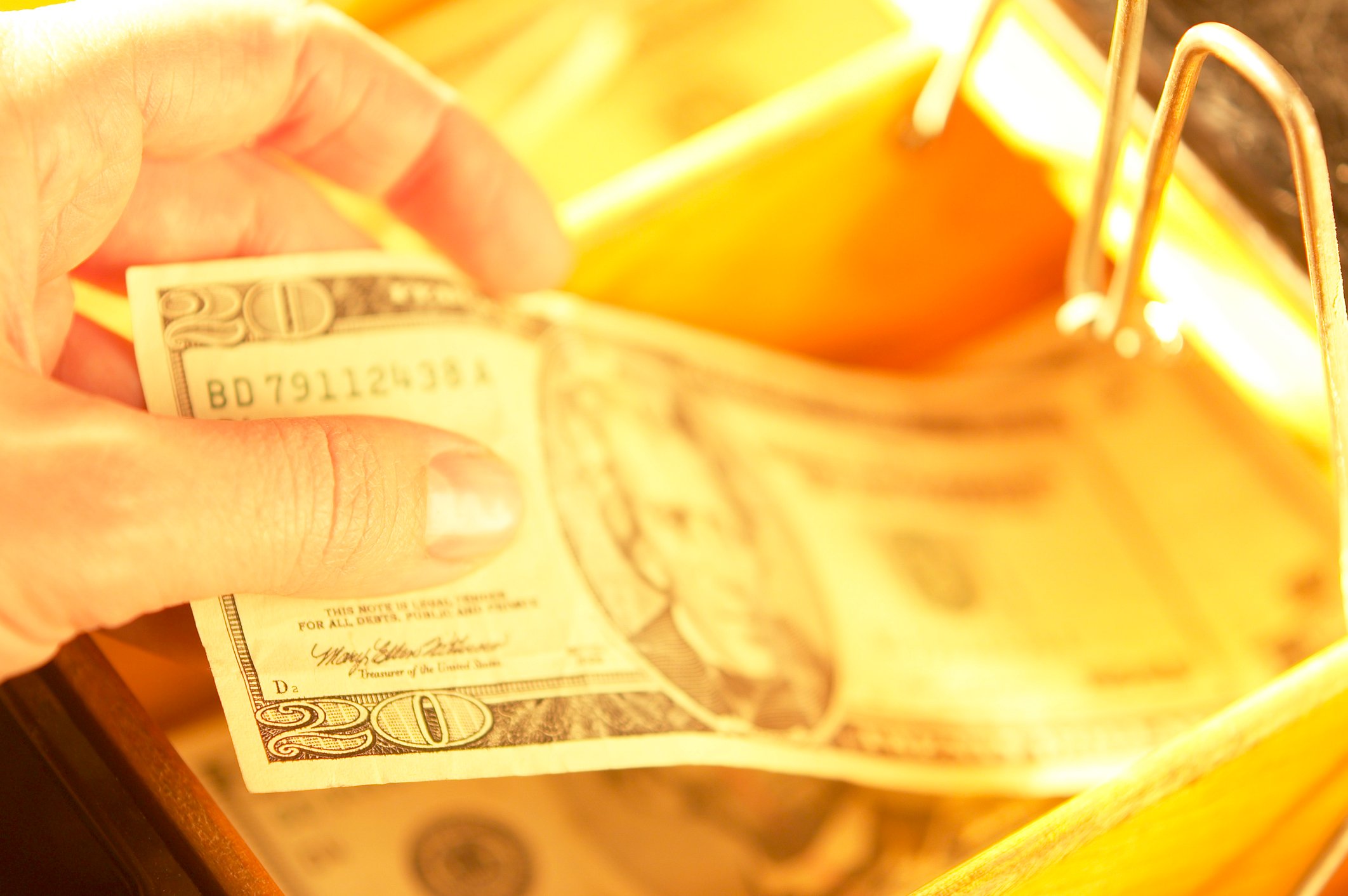 A person holding a twenty-dollar bill.