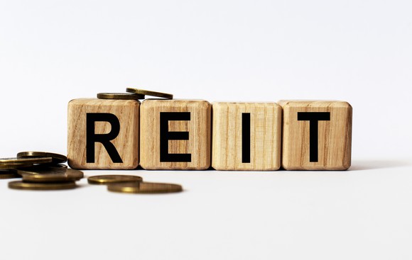 REIT spelled out in wooden blocks, with coins atop and adjacent.