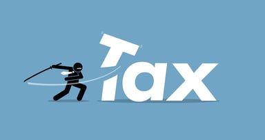 Ninja in a tie cuts the T in Tax with a katana