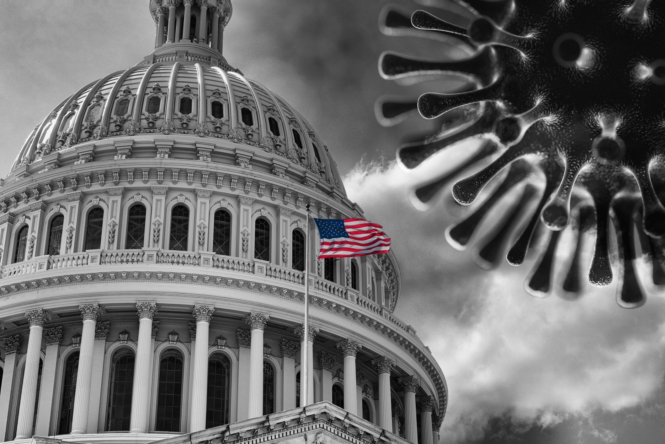 A black-and-white rendering of the U.S. Capitol Building and the coronavirus with an American flag in color flying in front