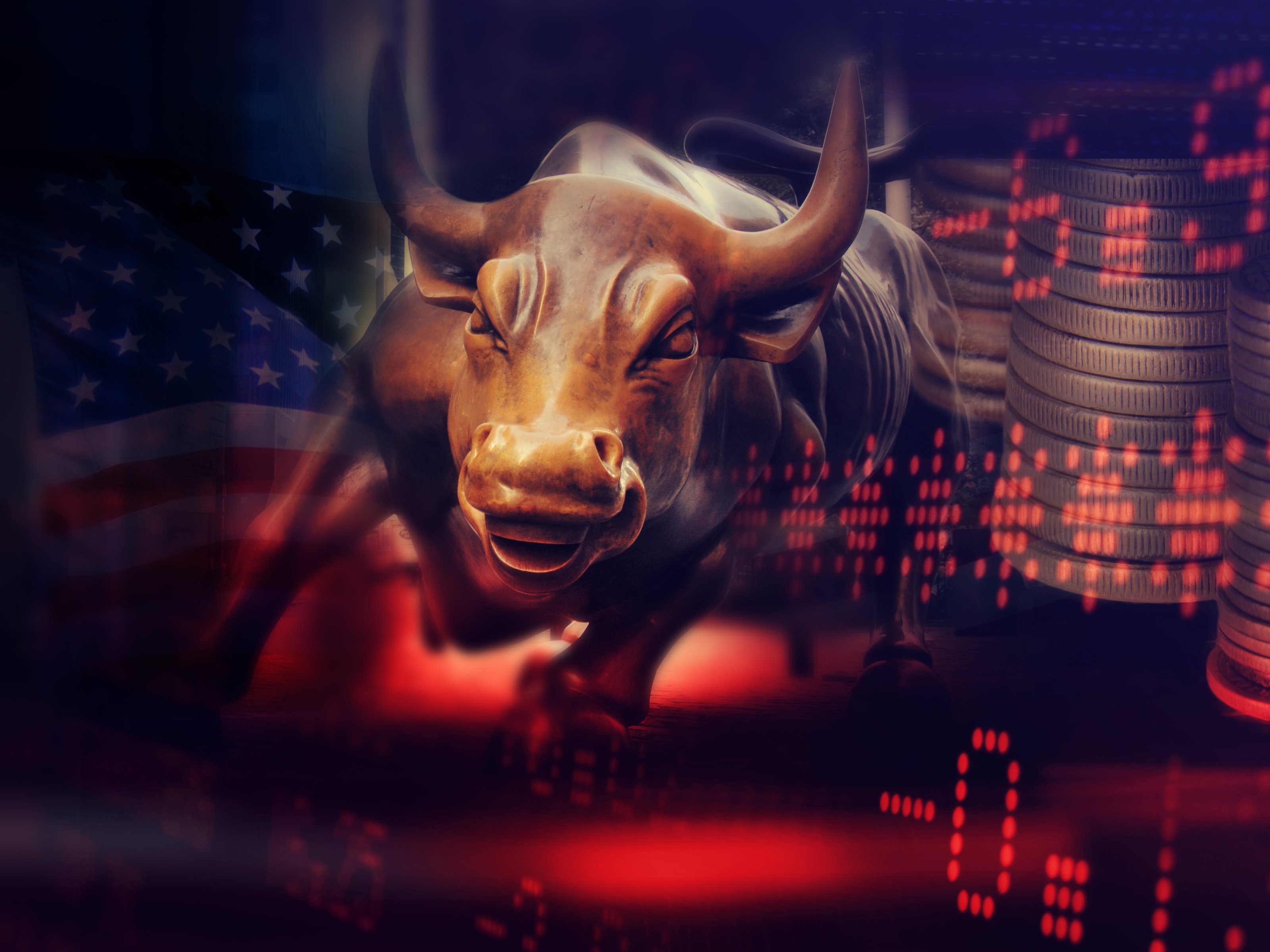 A bull in front of a stock chart.
