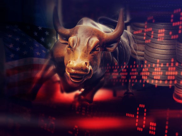 A bull in front of a stock chart.