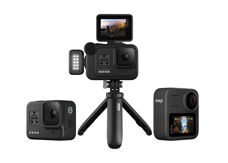 GoPro cameras with accessories. 