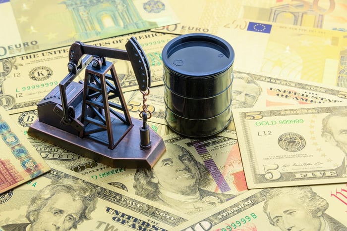 Oil barrel and pumpjack paperweights on pile of cash.