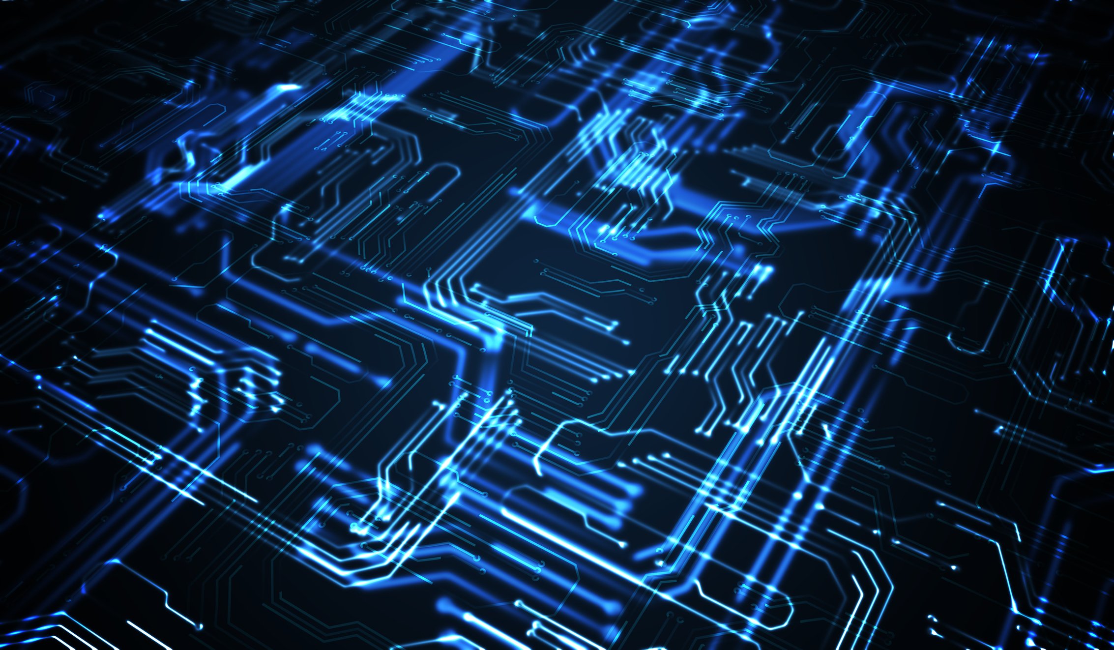 Electronic circuit with blue currents flowing across it 