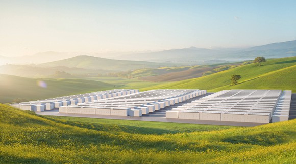 A rendering of Tesla megapacks in a valley. 