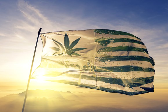 A U.S. flag with a cannabis leaf in the place of the stars.