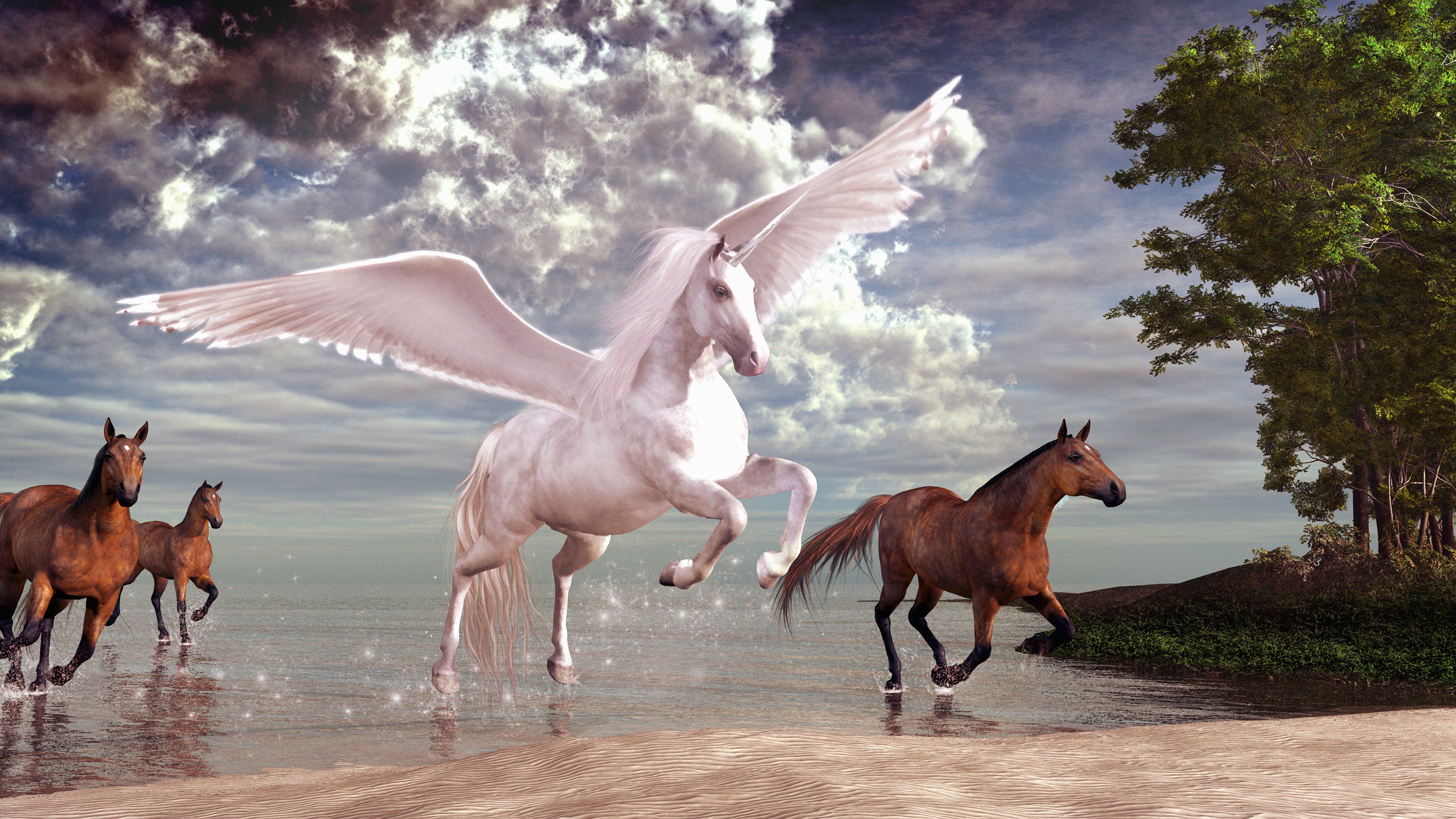 White pegasus runs alongside three brown horses.