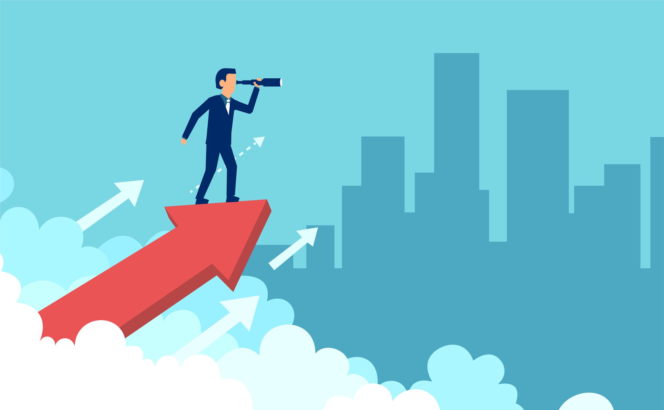 Man with telescope on top of red arrow in clouds.