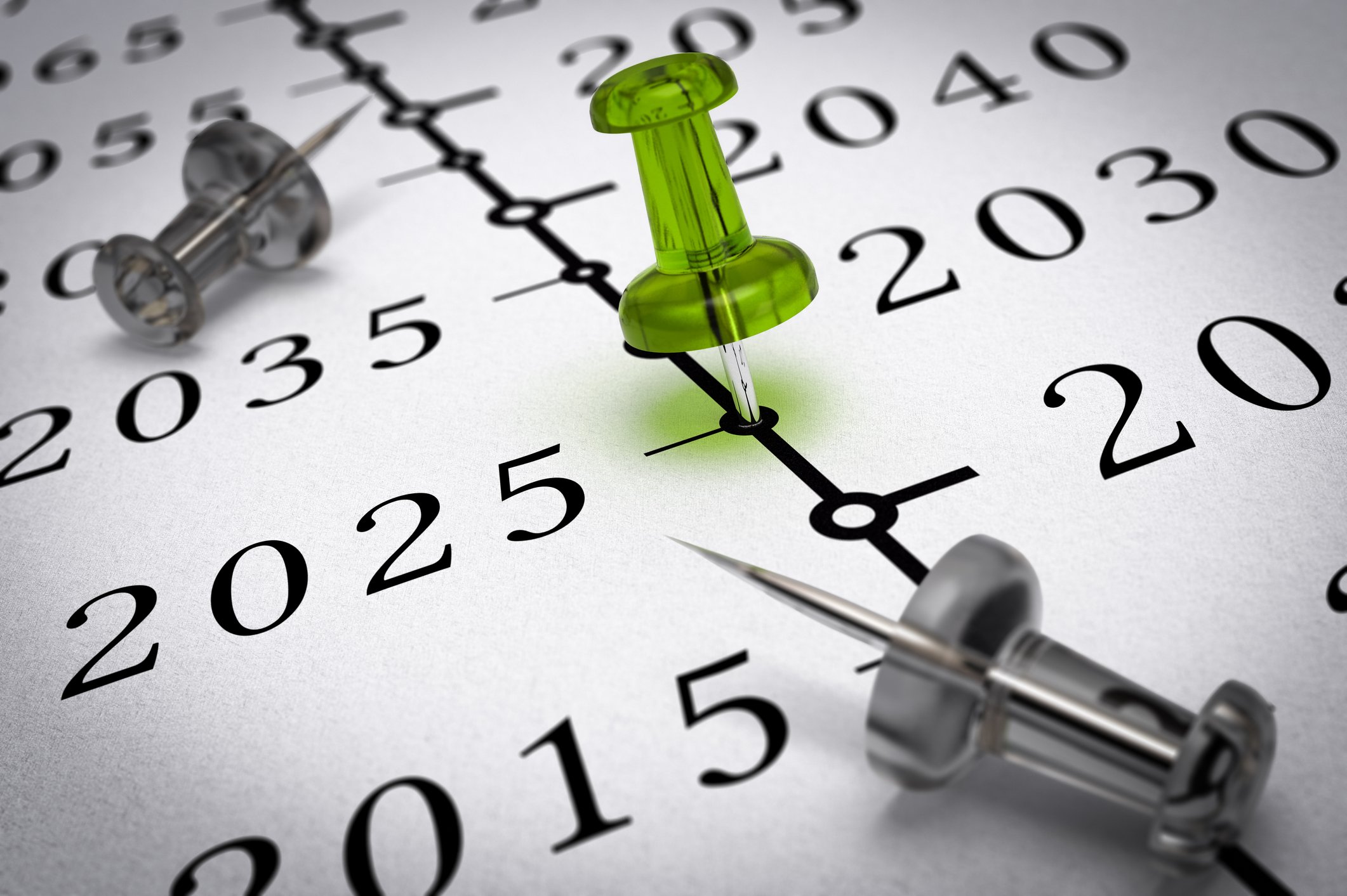 Timeline of years with a green pushpin next to 2025. 