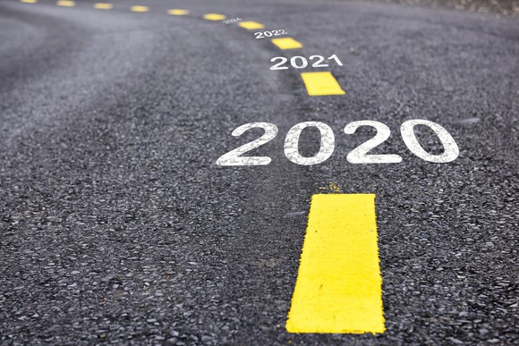 Number 2020 to 2022 on a road surface with marking lines 