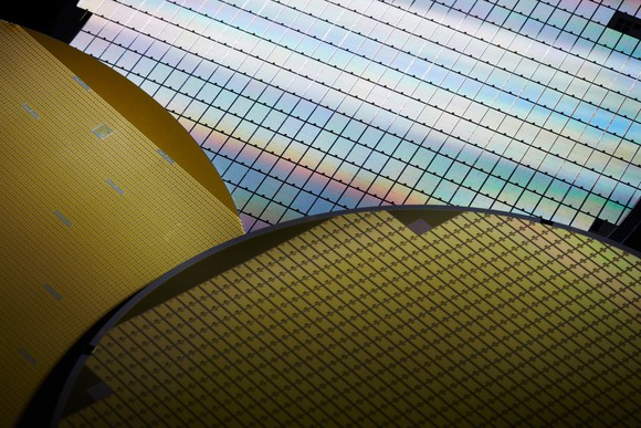 Silicon wafers close up.