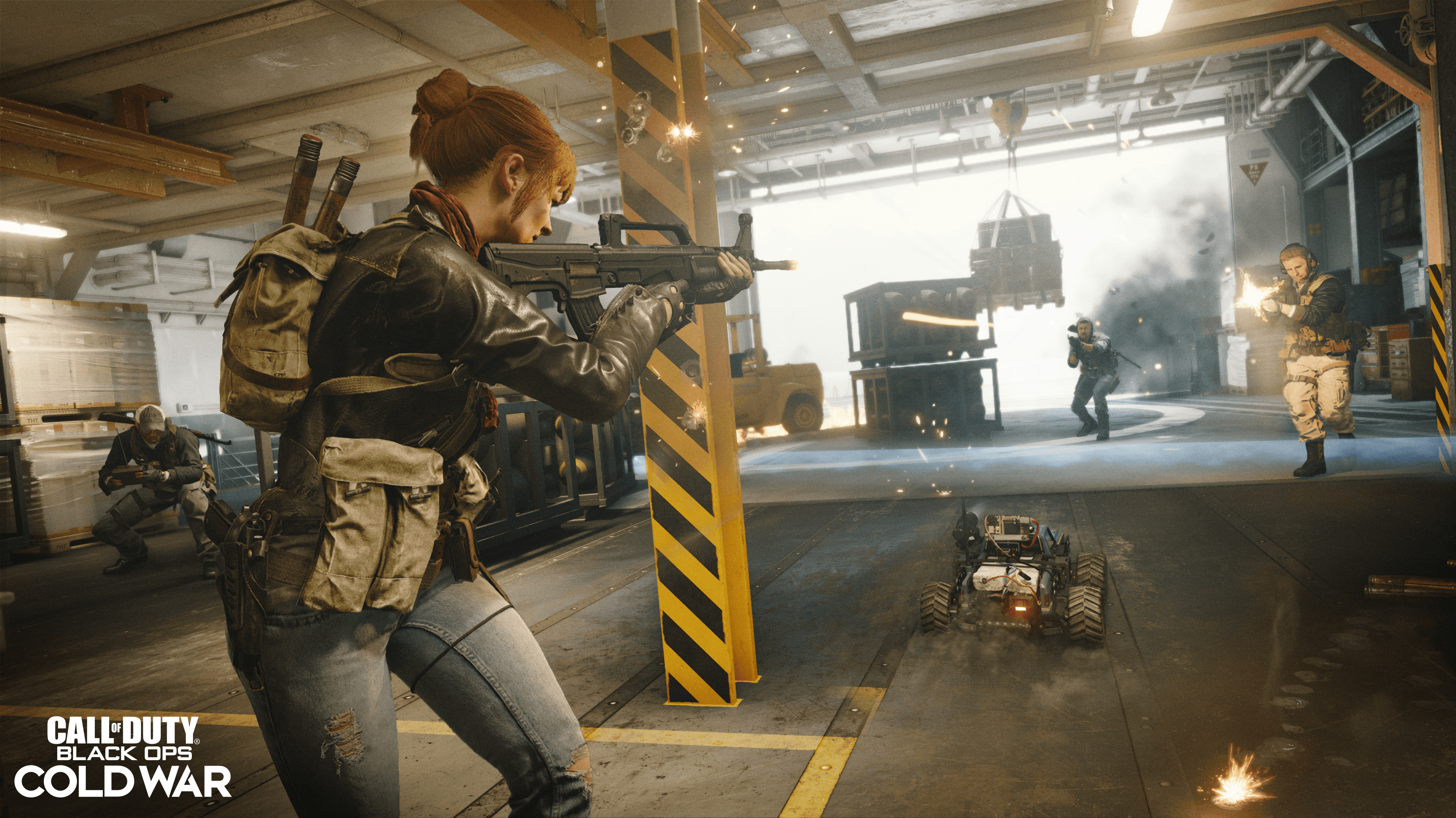 Screenshot from Call of Duty Black Ops Cold War showing a female character holding a weapon during combat.